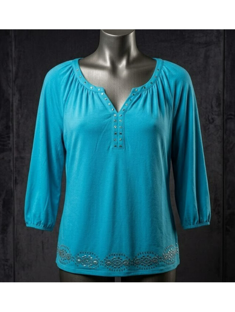 Title N TOUCH Women’s Small Turquoise Blue Studded Split Neck 3/4 Sleeve Blouse